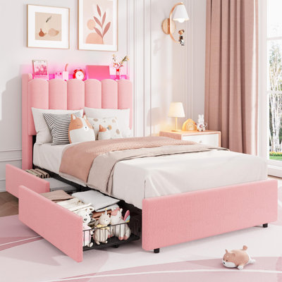 Twin Size Bed Frame with Storage Headboard, Kids Bed Frame with 2 Drawers, Boucle Upholstered Platform Bed for Girls, Chic Wavy Headboard with Bookcase, No Box Spring Needed