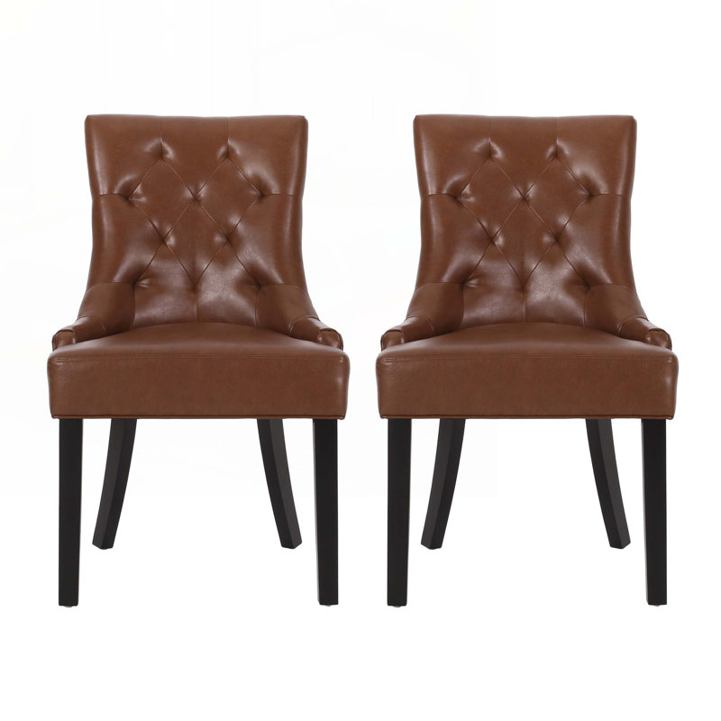 Modern Upholstered Tufted Accent Side Dining Chairs with Diamond-Stitched Backrest and Tapered Wood Legs, 4, Cognac PU