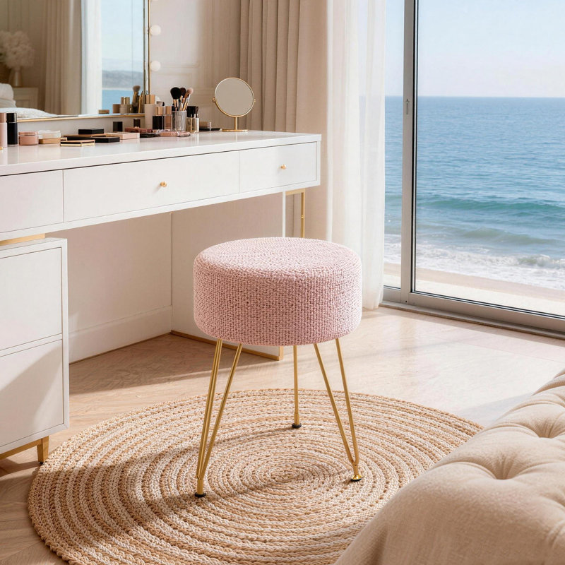 Tabouret de coiffeuse moderne avec 3 pieds en métal et repose-pieds polyvalent pour la chambre de maquillage, Rose