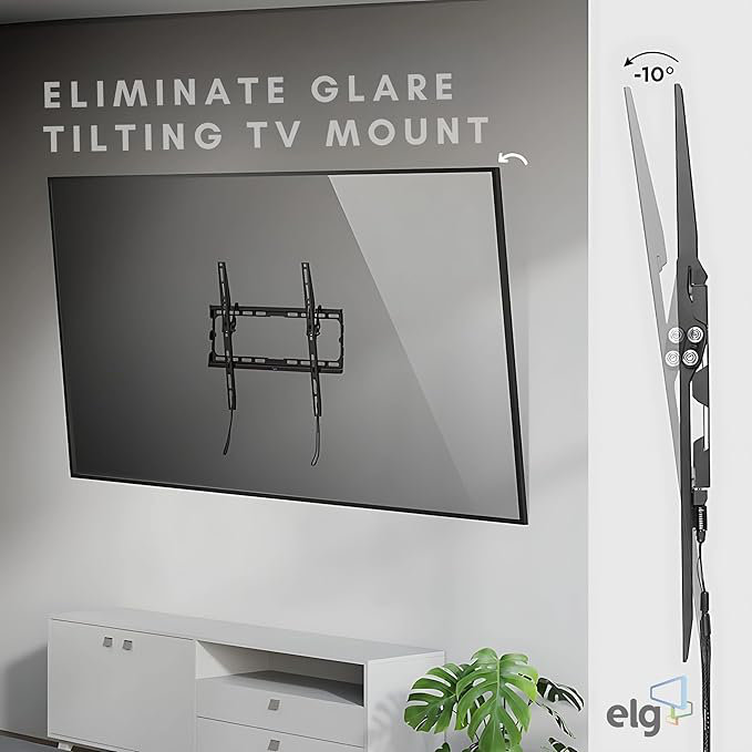 Support mural inclinable ELG pour téléviseur, ultra-plat (2 cm), inclinaison jusqu'à -10°, compatible avec les écrans de 66 à 165 cm (jusqu'à 45 kg), VESA 75x75 à 400x400 mm, verrouillage rapide, préassemblé, acier, noir