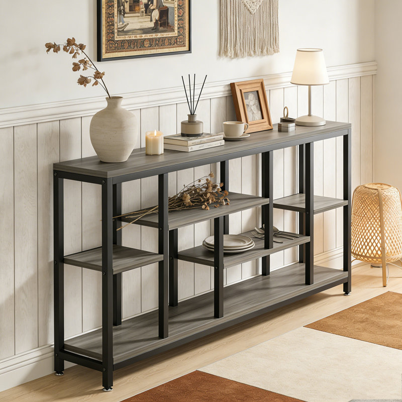 Entryway Sofa Table with Storage Shelves, Gray & Black