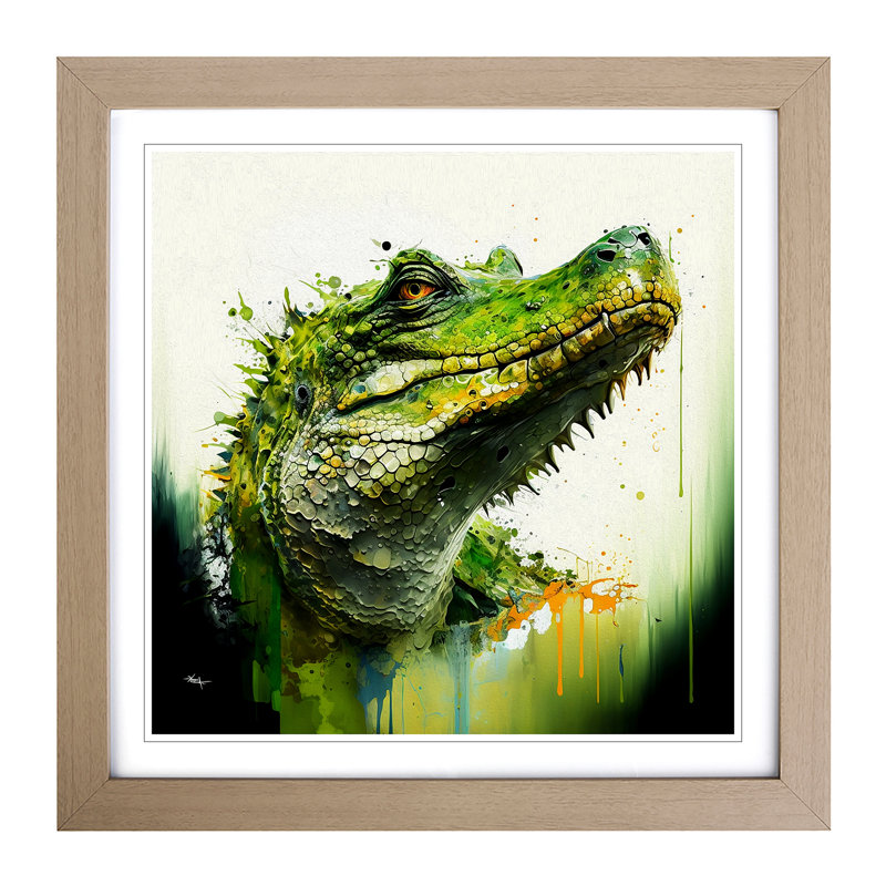 Crocodile Gestural Art No.1 - Single Picture Frame Print on Wood, Oak