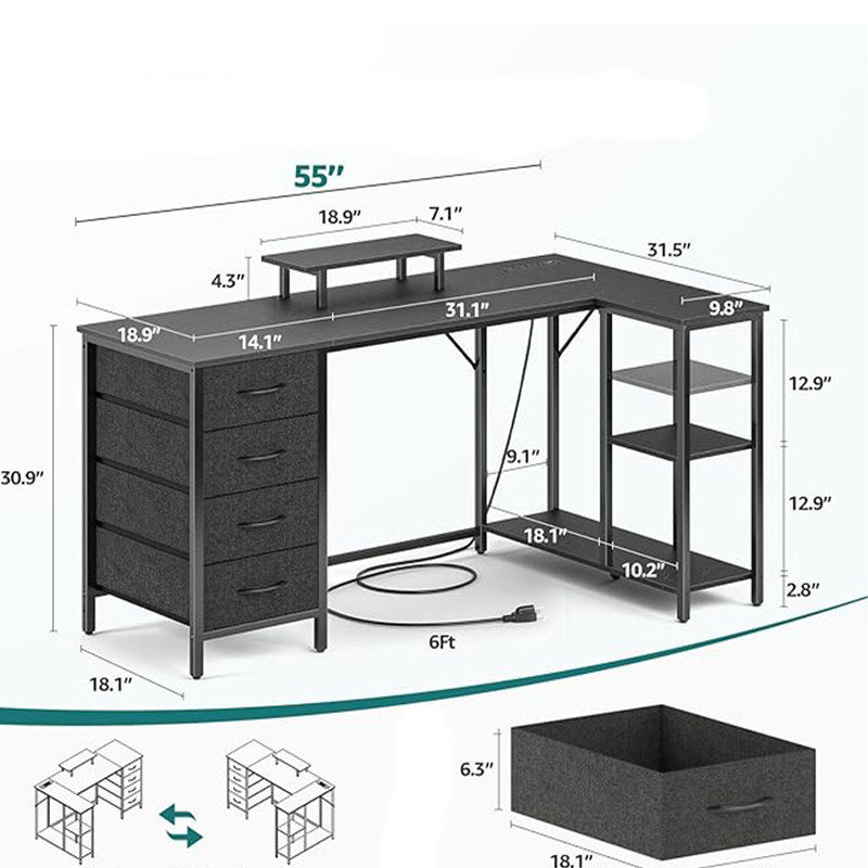55" L Shaped Computer Desk with 4 Drawers and Power Outlet, Corner Desk with Monitor Stand & Reversible Storage Shelves, Black
