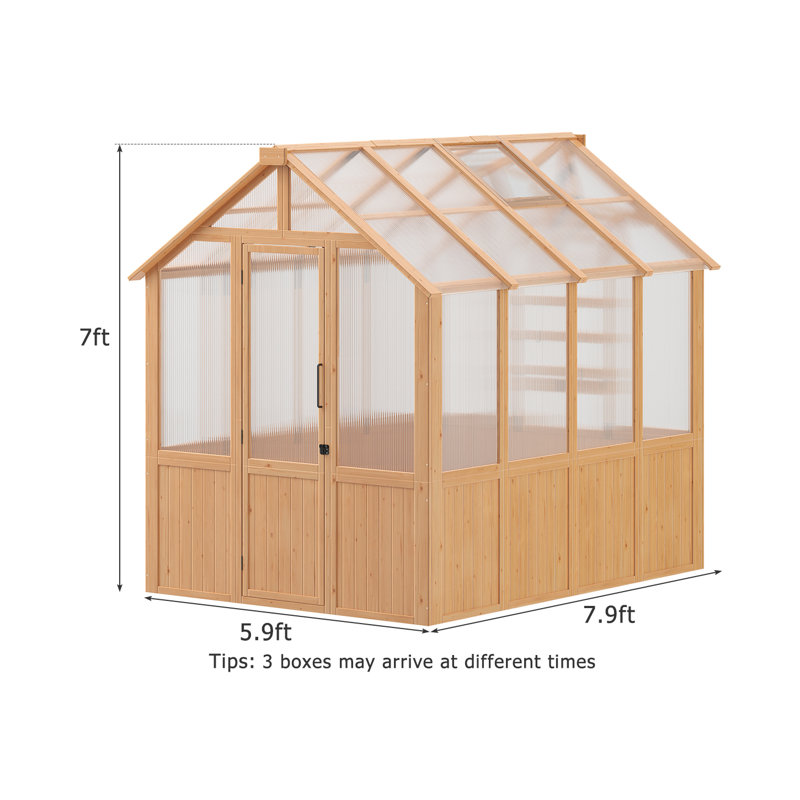 8 X 6 Ft Wooden Greenhouse, Walk-in Green House With Thickend Pc Panel, Adjustable Windows & Lockable Door