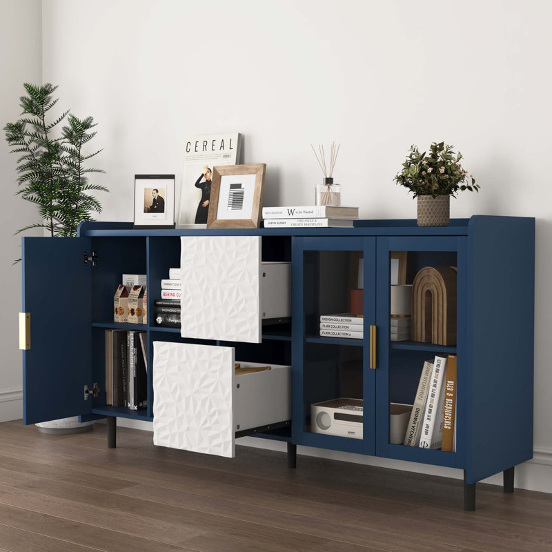 Modern Kitchen Pantry Storage Cabinet , 55" Coffee Bar Storage Cabinet with 2 Drawers, 2 Open Storage Compartment & 2 Glass Doors