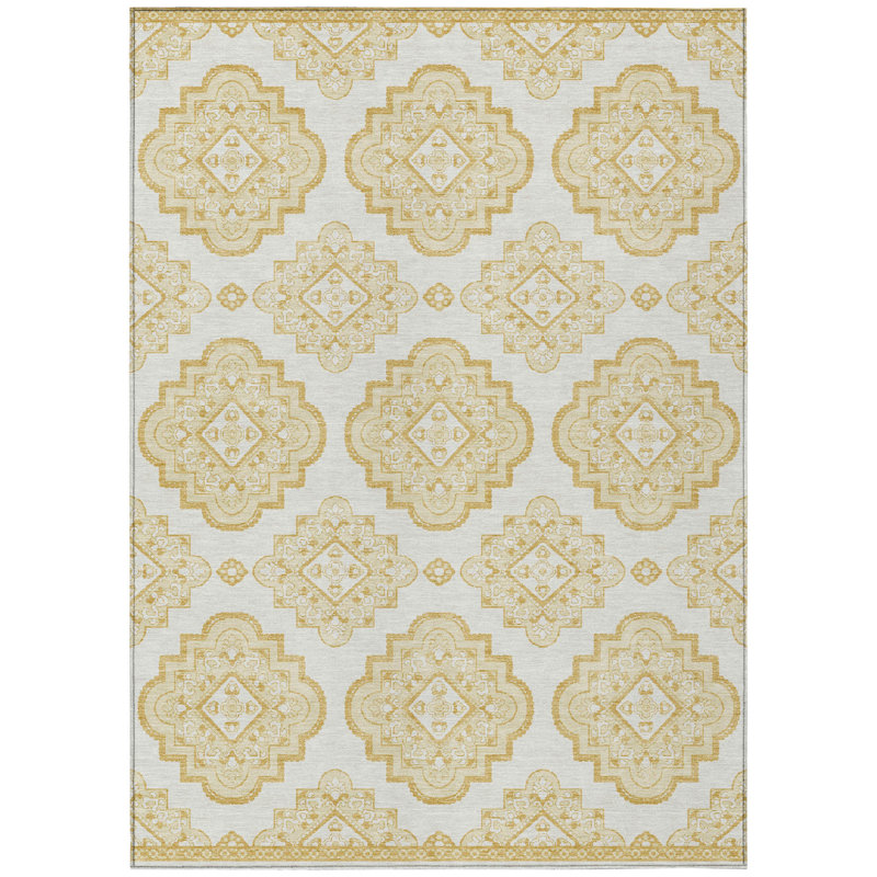 Tapis intérieur lavable à médaillon doré et ivoire 5 pi x 8 pi