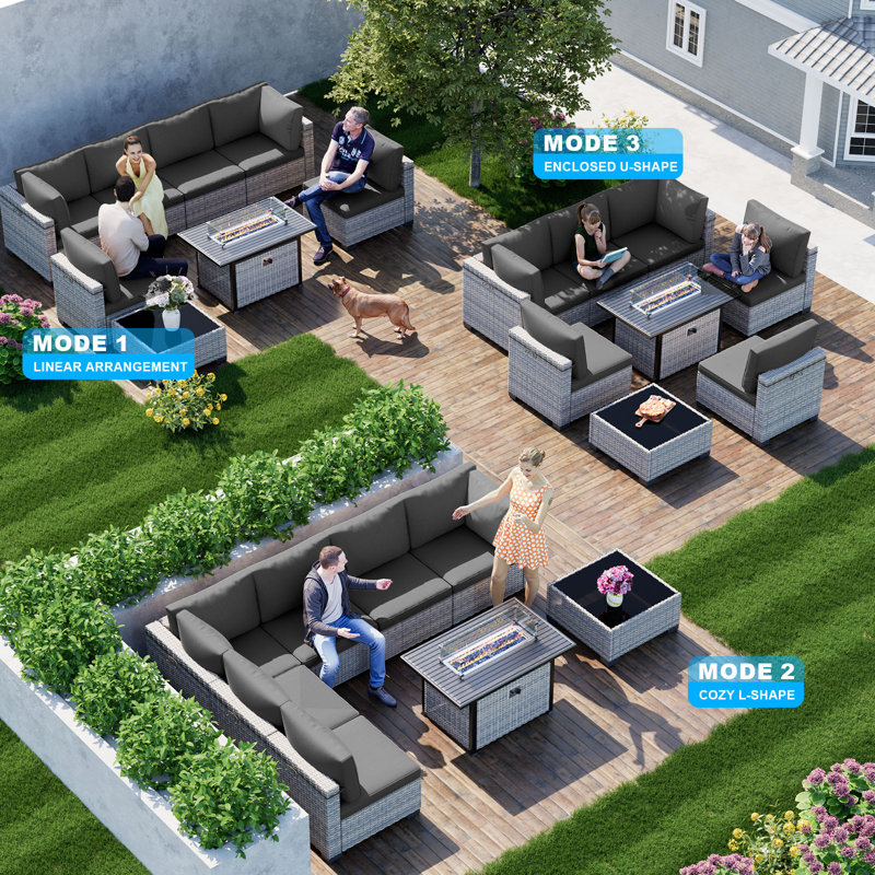 8-Piece Patio Furniture Set, Outdoor Patio Furniture with 55,000 BTU Fire Pit Table, Thick Cushions, Modular Patio Sofa, Dual-Strand Wicker Rattan, Rust-Resistant Frame