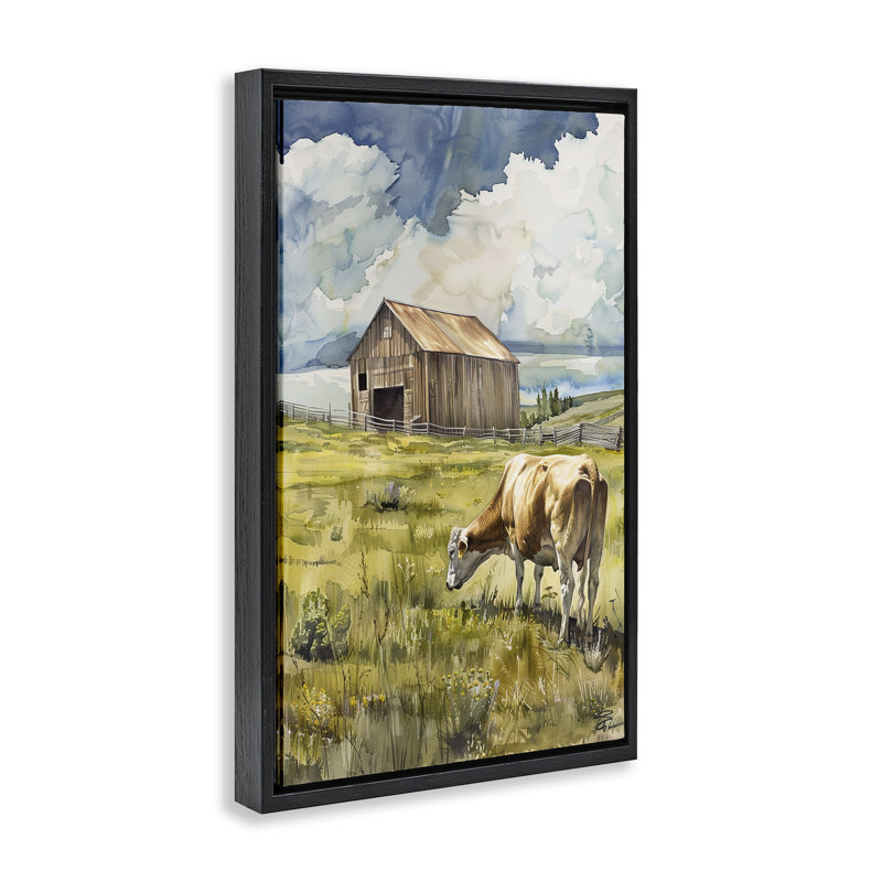  «Cow in Vast Field» par Franklyn Gregory, H 25 po x l 17 po, Cadre flottant noir de jais