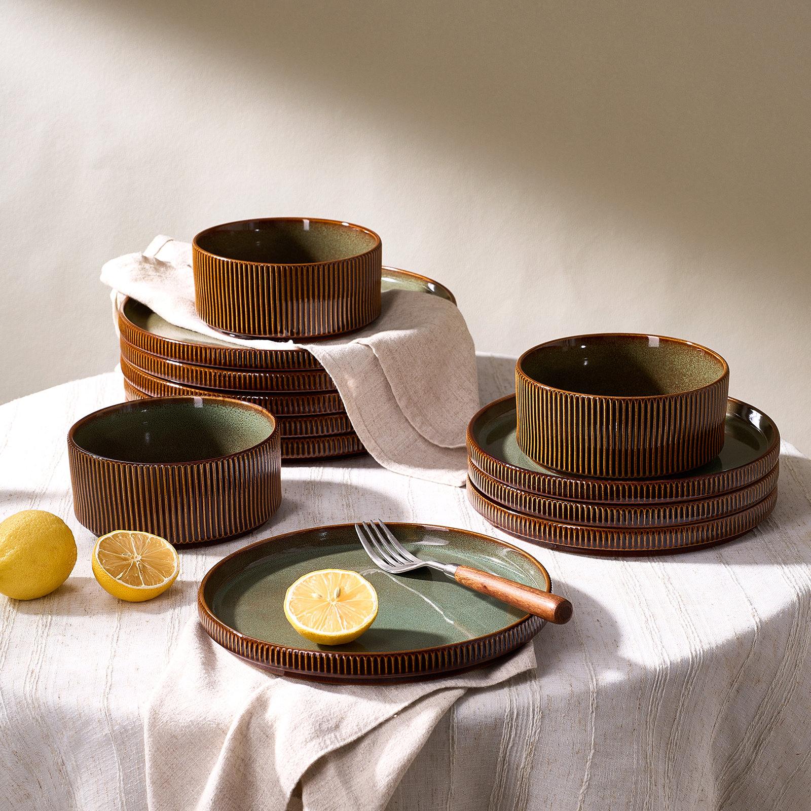 Stoneware Dinnerware Set, Moss & Cocoa