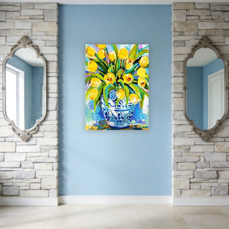 «Expressive Yellow Tulips In Ornate Blue Vase», peinture murale non encadrée, L 36 po x l 24 po
