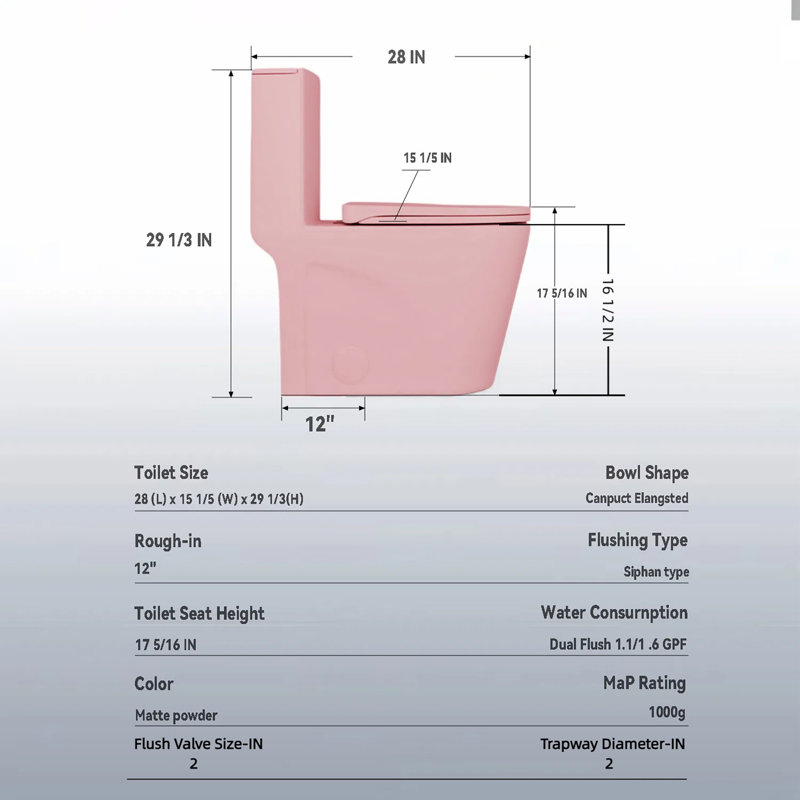 One-Piece Elongated Toilet, 1.1/1.6 GPF Dual Flush Tornado Siphonic S-Trap (12"), ADA Comfort Height 17" with Soft-Close Seat, MAP 1000g