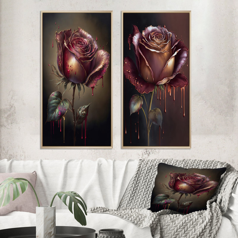 «Red Paint Drip Rose», 2 pièces sur toile, H 40 po x l 40 po, Encadrement brun