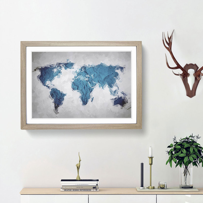 Teal Blue Map of the World in Abstract - Picture Frame Graphic Art Print on MDF, Oak Framed, 36cm H x 48cm W x 2cm D