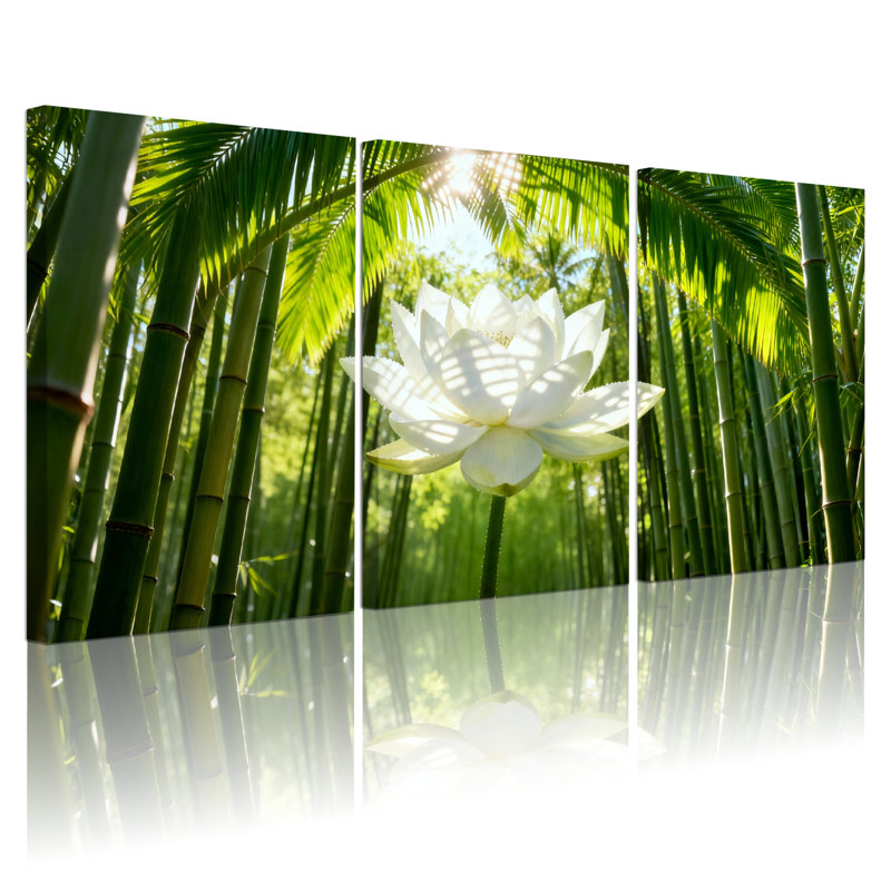Forêt de bambou avec fleur de lotus blanche, reproduction d'art sur toile tendue sur toile, ensemble de 3, H 18 po x l 36 po