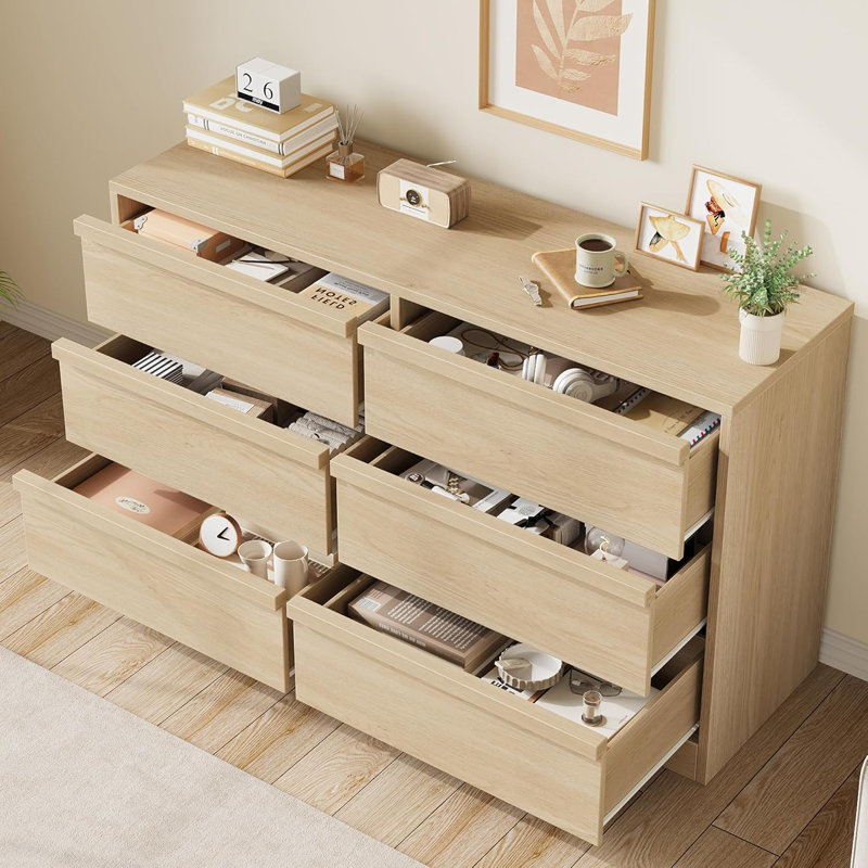 Modern 6-Drawer Wooden Dresser for Bedroom Storage, Yellow