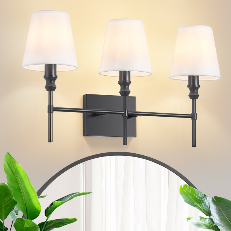 Applique murale de salle de bain pour salle de bain avec abat-jour en tissu blanc, H 13,9 po x l 23,6 po x P 7,9 po, Noir mat