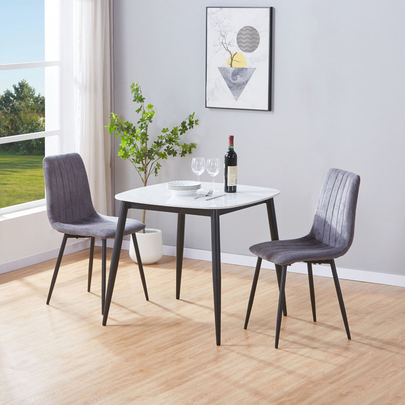 Aspen Sintered Stone Square Table with 2 Straight Stitch Upholstered Fabric Chairs - Modern Dining Set, Grey