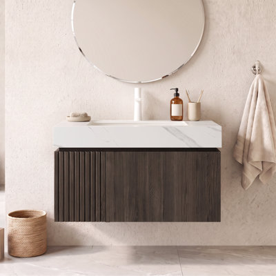 Meuble-lavabo mural 30 po en contreplaqué espresso avec fermeture en douceur, tiroir en U, porte, lavabo en céramique de Carrare blanc, sans robinet, un trou, pré-assemblé
