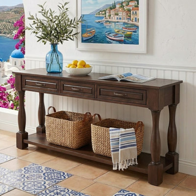Console en bois avec 3 tiroirs et 2 tablettes inférieures pour canapé d'entrée très épais