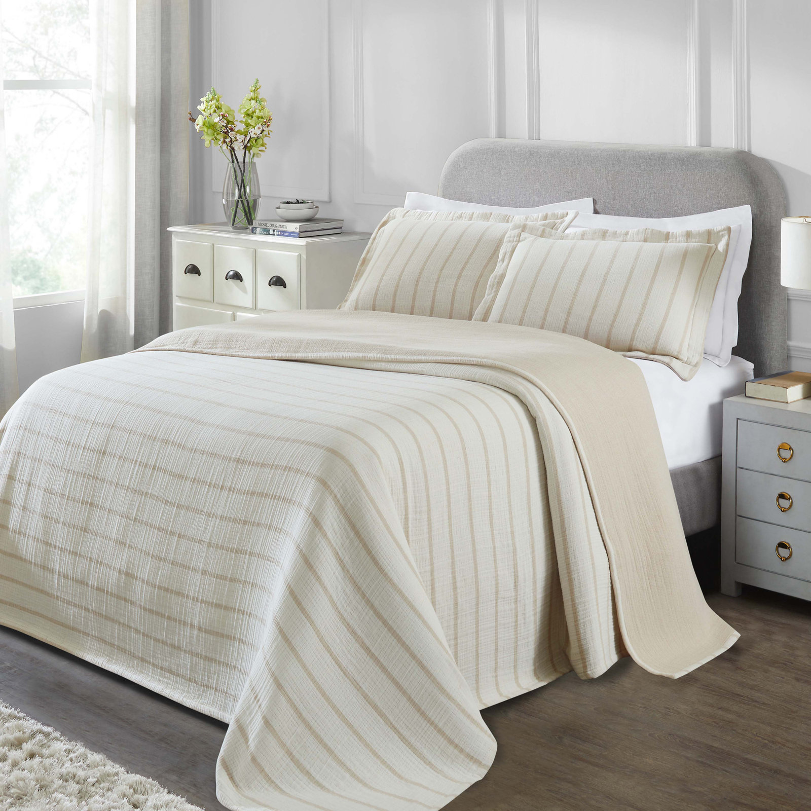 Valencia Cotton Reversible Medium Weight Matelasse Bedspread And Sham Set, Full Bedspread + 2 Standard Shams, Beige Striped
