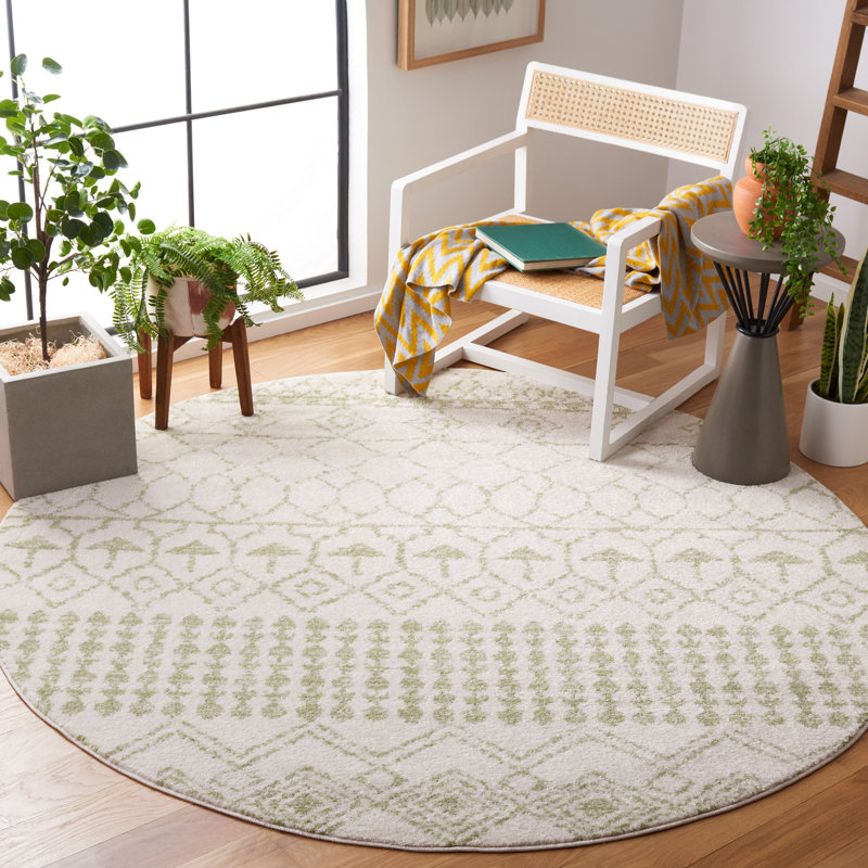 Lorenco Southwestern Machine Made Power Loom Polypropylene Area Rug in Ivory/Sage, Round 6'7"
