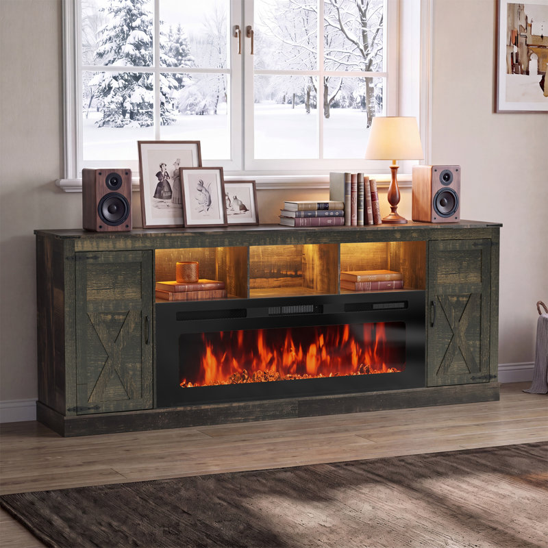 Meuble télé de style ferme avec foyer intégré (80,7 po) pour téléviseurs jusqu'à 85 po, meuble télé avec foyer et foyer électrique de 50 po, centre de divertissement avec armoires de rangement, étagères réglables et prise intégrée, brun
