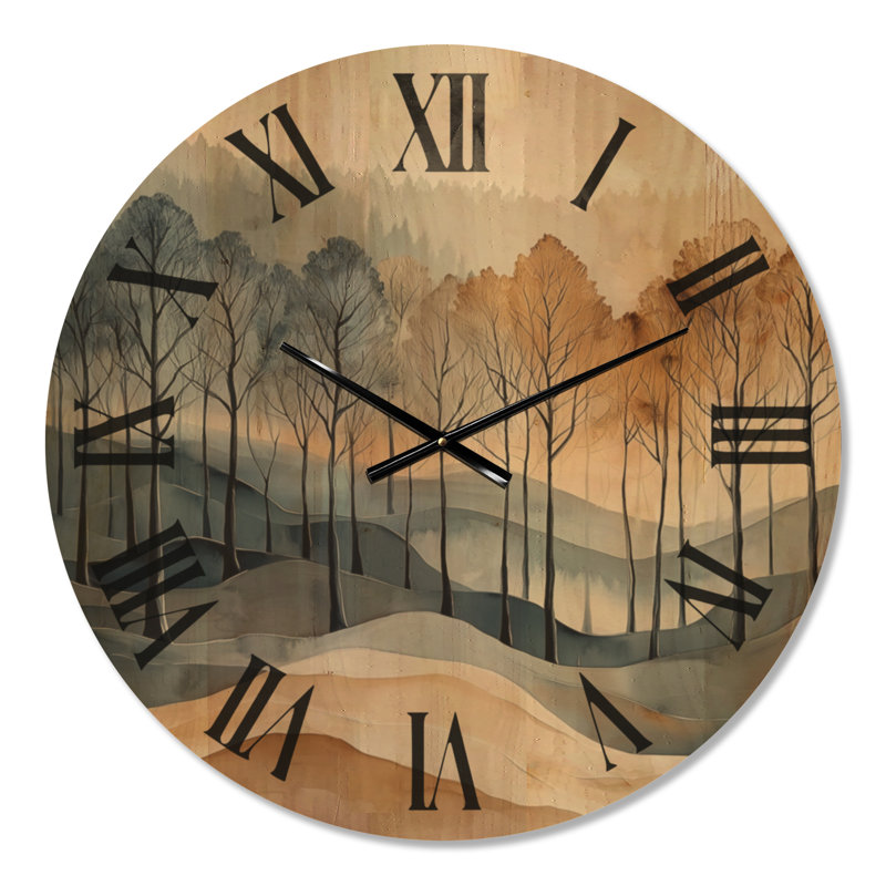 Horloge murale en bois massif Japandi Amber Mist Woodland I, Médium