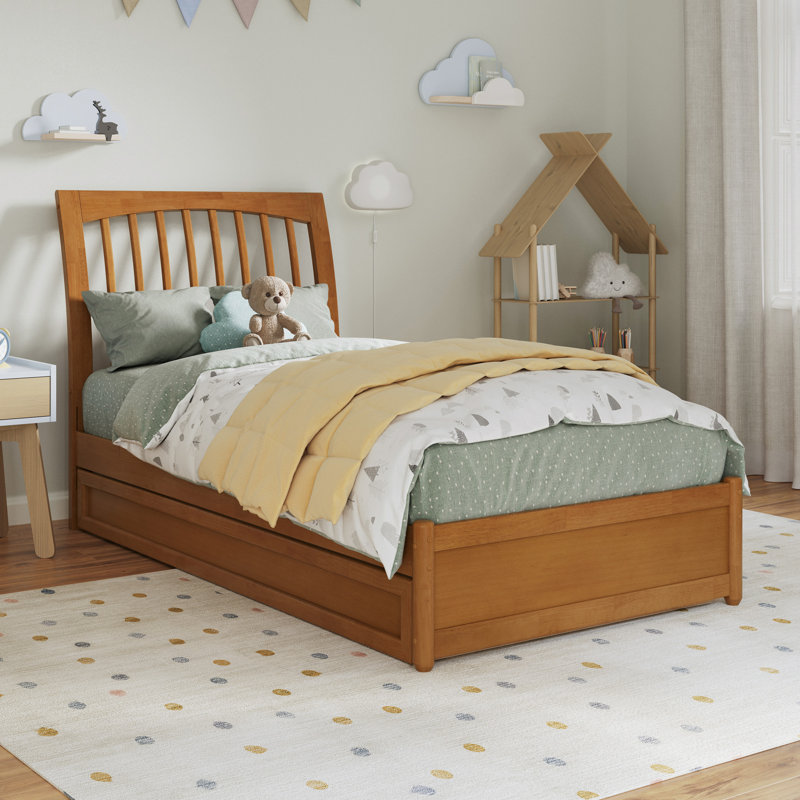 Lit plateforme Imarion avec pied de lit à panneau et lit gigogne, Caramel clair, Simple