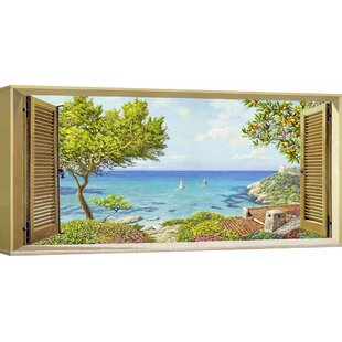 Wandbild Fensterblick Ostsee mit Leuchtturm mit Fensterrahmen