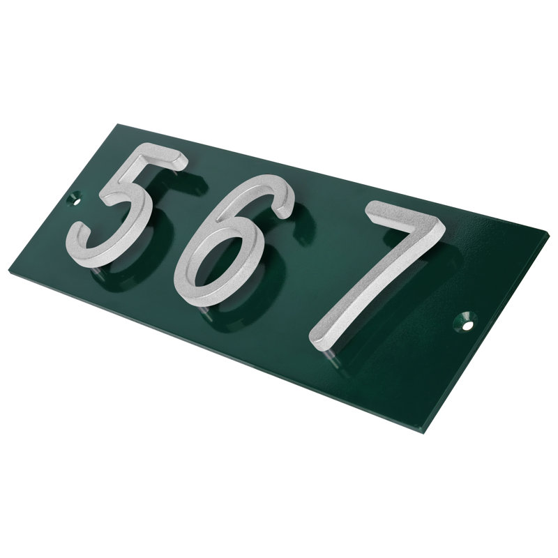 Plaque d'adresse horizontale flottante en aluminium Royal Shade - 3 chiffres personnalisés, Argent argent, Vert, Oui