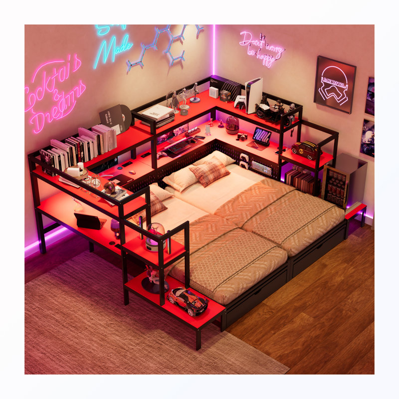Lit de jour simple avec bureau, lumière DEL et tiroirs, station de charge et bibliothèque intégrées, Noir et rouge