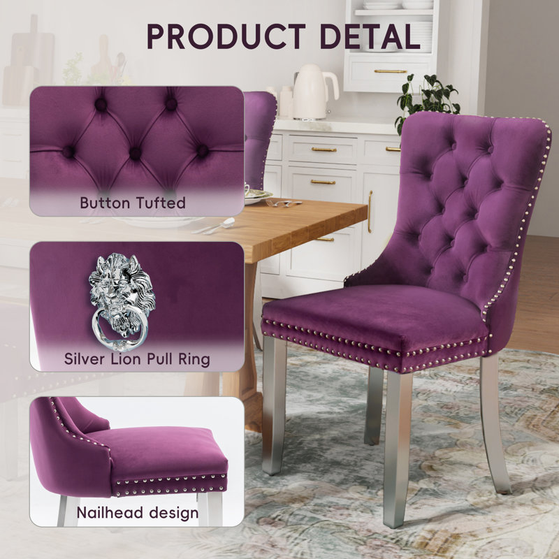 High-end Tufted Velvet Upholstered Nailhead Dining Chair, Purple, Sliver