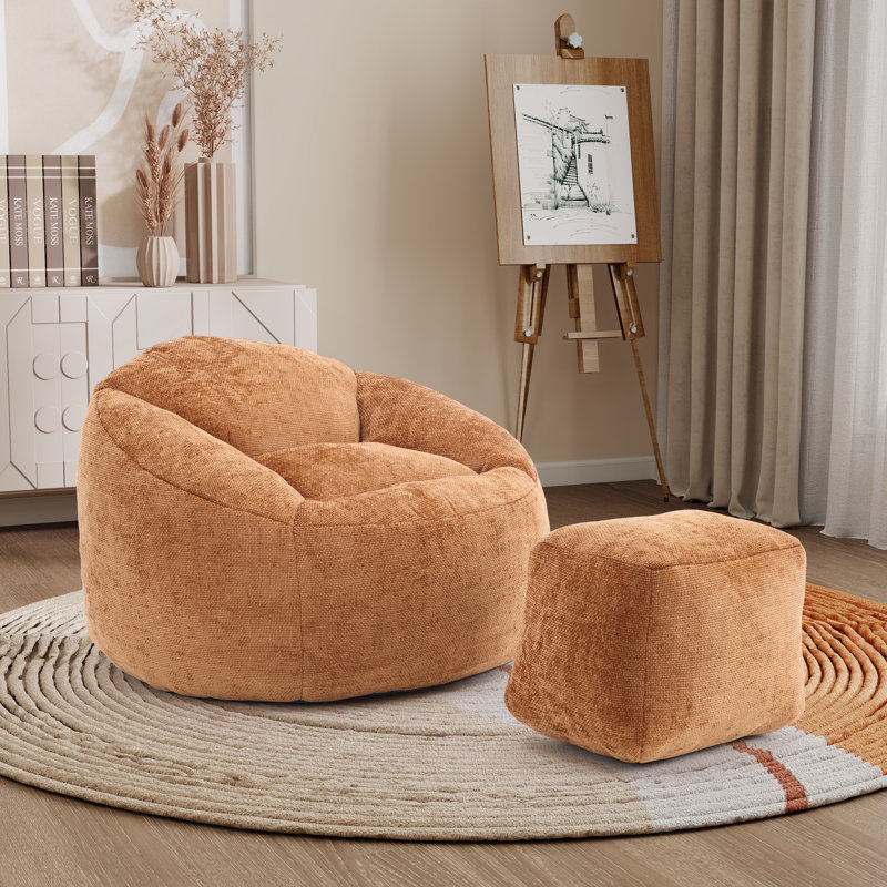 Fauteuil à billes rembourré avec repose-pieds, Chenille orange