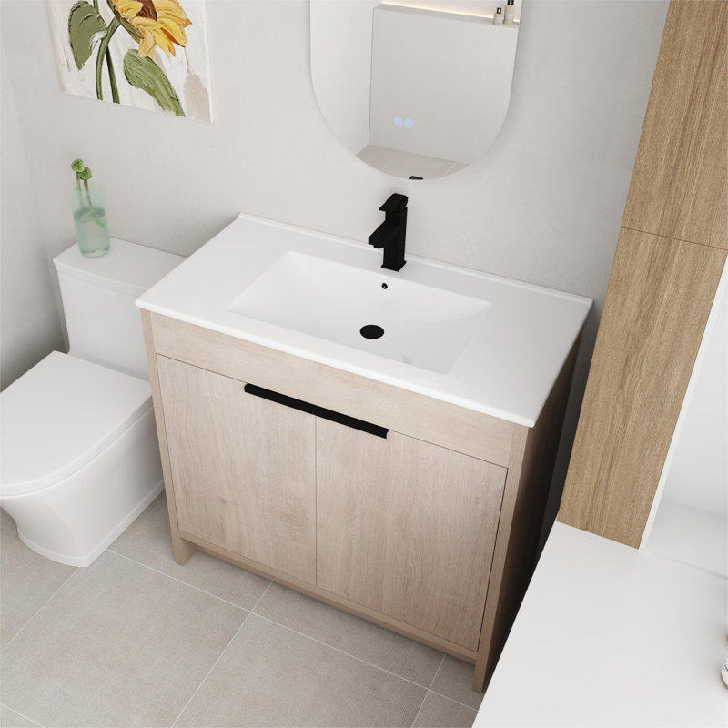 Kinslie 36'' Single Bathroom Vanity with Ceramic Top，2 Soft Close Doors and 1 Adjustable Shelf, Beige