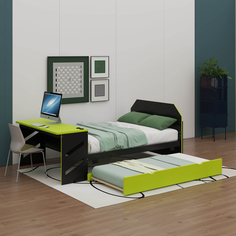 Lit de jour double en bois avec couchette, bureau et port USB, Vert