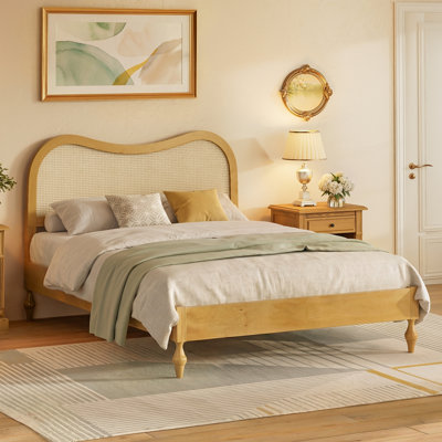 Boho Scandinavian Natural Style Bed, Queen Size Bed for Bedroom