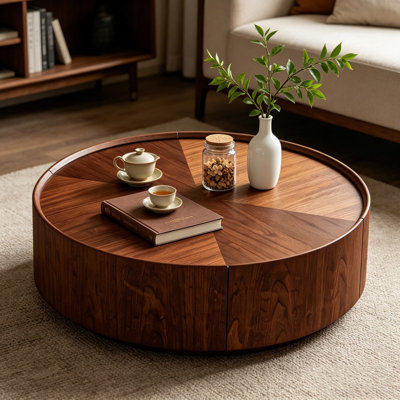 Table basse ronde en noyer de 39,3 po, table d'appoint circulaire de style moderne en bois massif, table centrale compacte pour le salon, la chambre à coucher et le bureau personnel