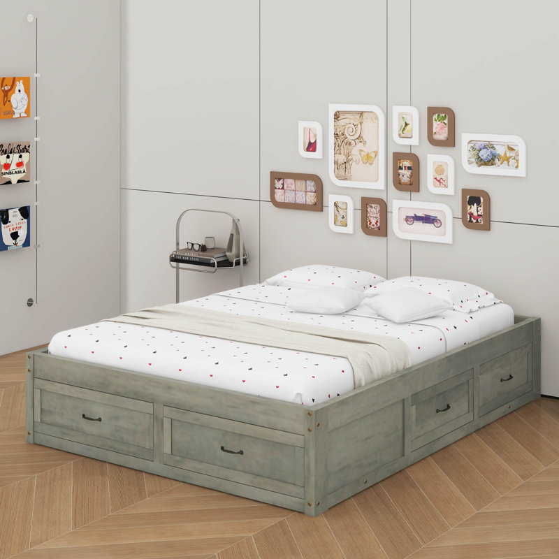 Grand lit plateforme avec 6 tiroirs, Gris antique