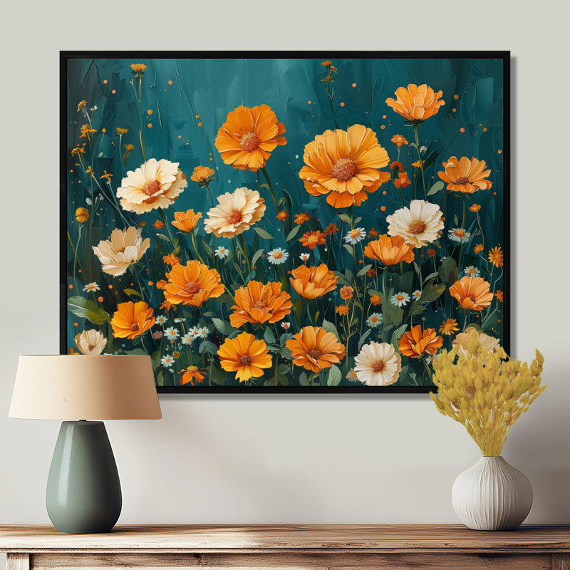 «Yellow Yellow Summer Meadow Marigolds I», reproduction d'art murale souci, Cadre flottant noir, bois massif