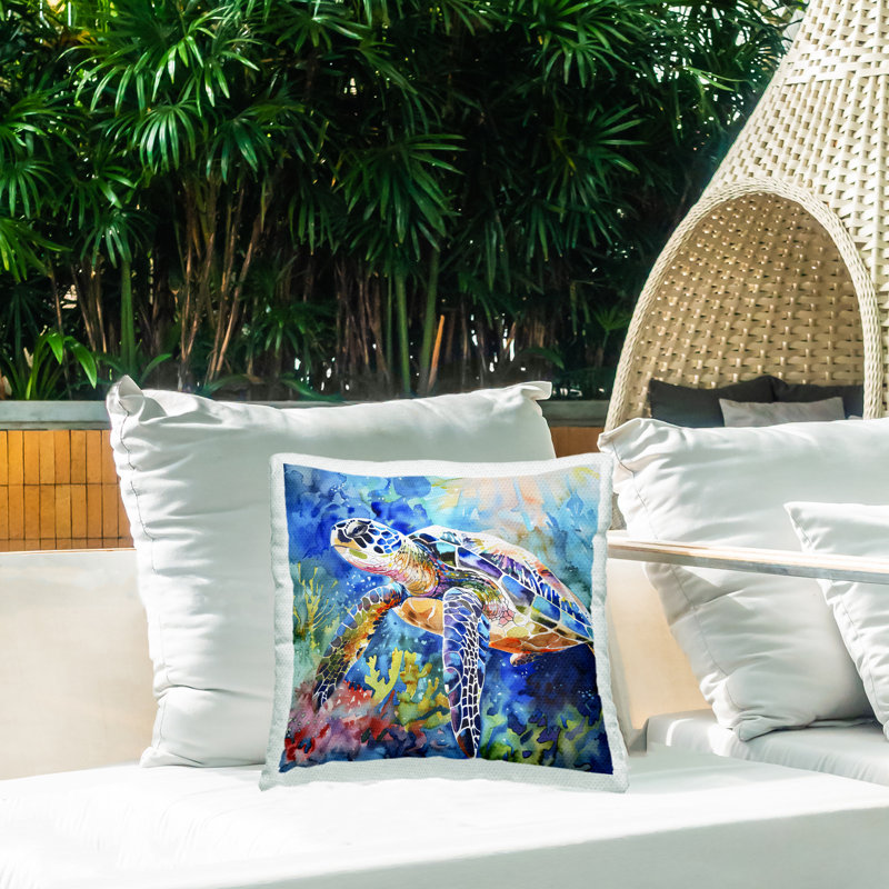 Rainbow Turtle Reef Outdoor Printed Pillow design by LSR Creative Studio, Blue/Purple Turtle