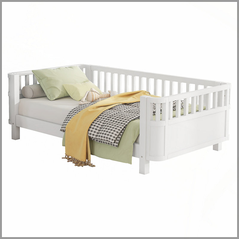 Lit plateforme simple en bois pour enfants, lit simple en bois à profil bas avec rails pour filles et garçons, blanc, Blanc