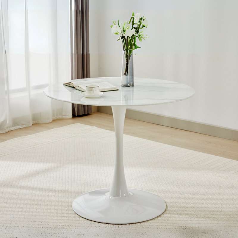 Élégante table de salle à manger ronde en verre, table de salle à manger moderne avec plateau en marbre et pieds en métal pour 4 sièges