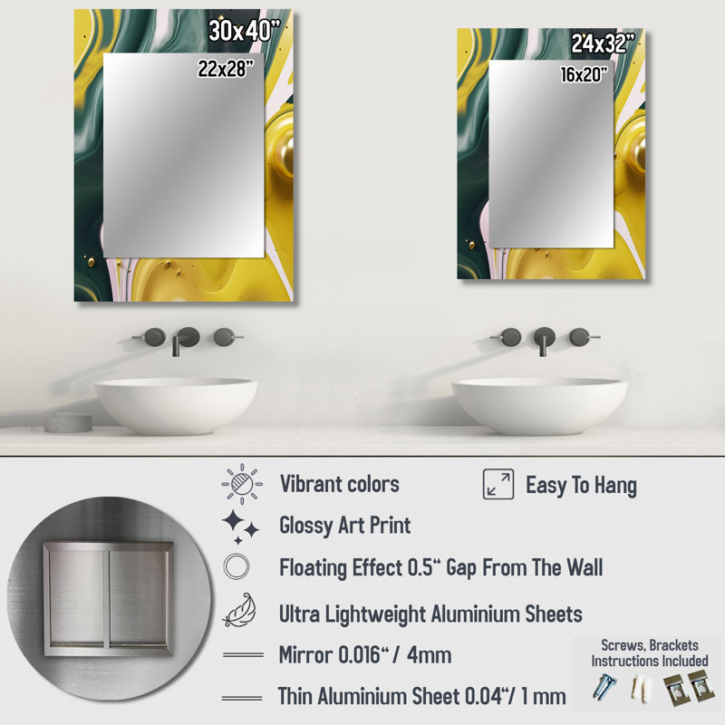 Jaune et vert pierre fluide II - miroir décoratif en marbre, miroir mural moderne, impression d'art en métal, 40 po x 30 po