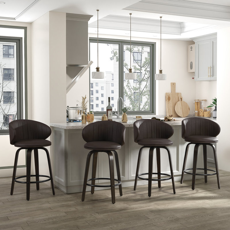 26" Upholstered Swivel Bar and Counter Stool with Wood Frame, Brun