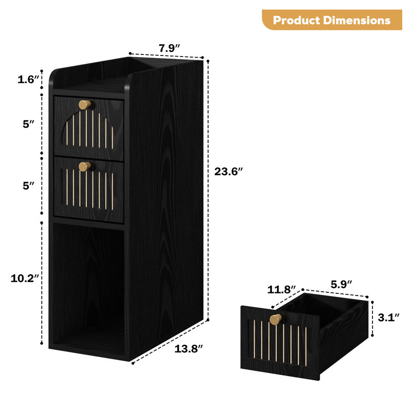 Narrow End Table (Set of 2), Slim Side Table with 2 Fluted Drawers & Storage Nightstand Arched Design, Black