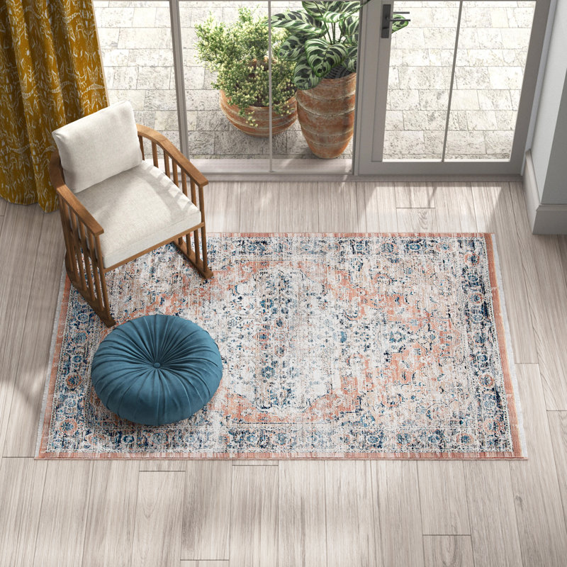 Casarez Oriental Power Loom Performance Beige/Blue Rug, Rectangle 4' x 6' 3"