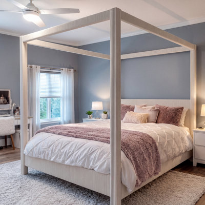 Bedroom Four - Poster King Canopy Bed Frame In Modern Sense With Headboard and Footboard, Vertical Ribbed Corduroy Design