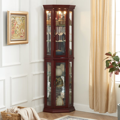 Vitrine en cerisier, lumières, tablettes en verre trempé, éclairage de miroir rétroéclairé avec et