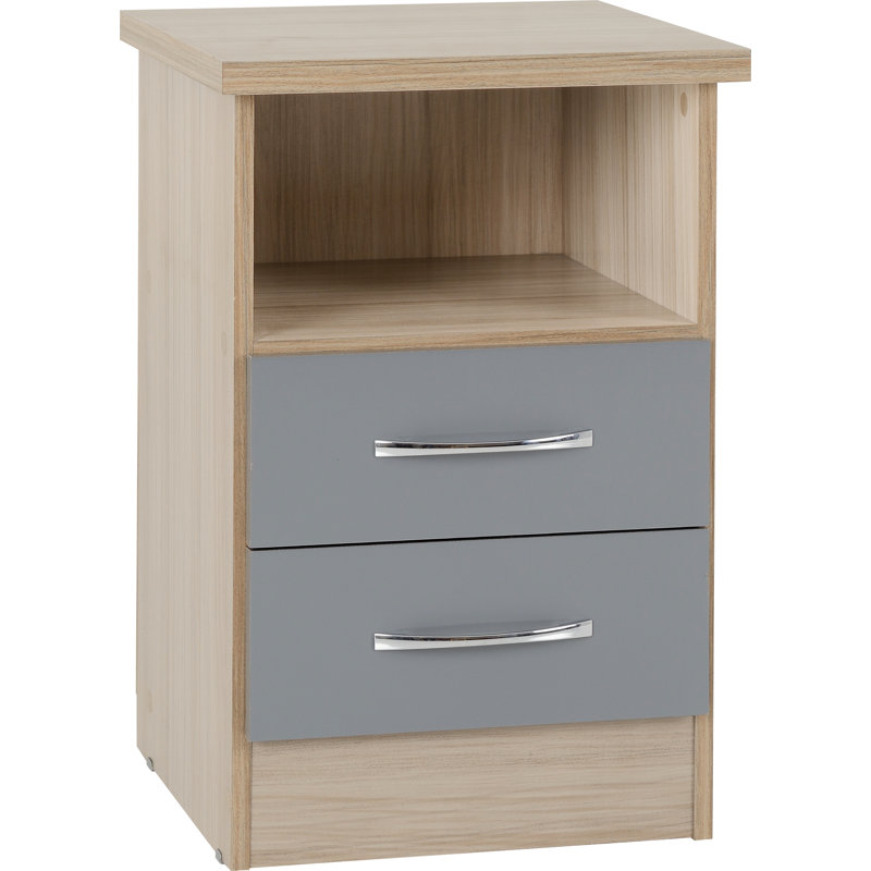 Cascio 2 Drawer Bedside Table, Grey Gloss/Light Oak Effect Veneer