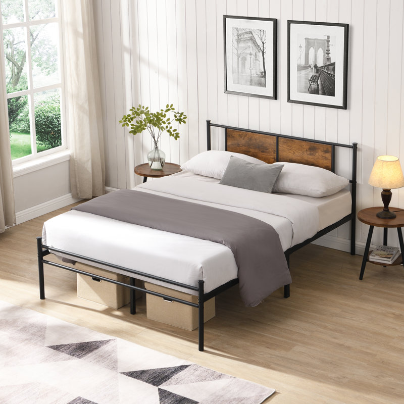 King Size Metal Bedframe,Headboard With Wood Panel Decoration,Black, Grand
